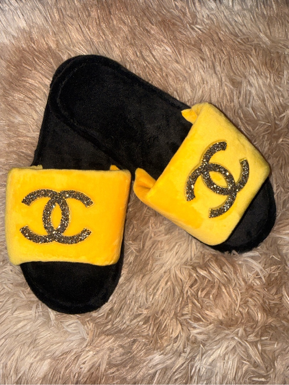 Black & Yellow Plush Slide Slippers with CC Logo